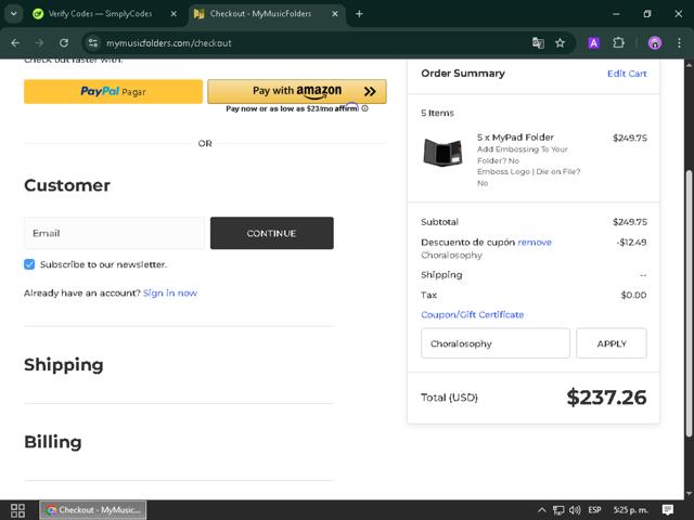 My Music Folders checkout page showing My Music Folders promo code box | Screenshot taken by SimplyCodes community member on May 9, 2025