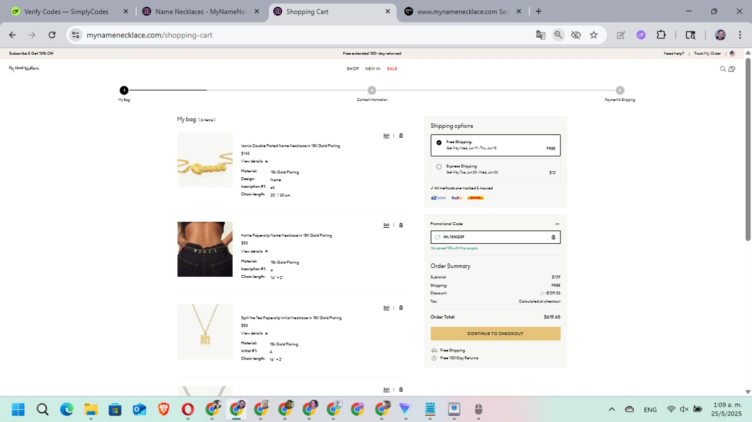 My Name Necklace checkout page showing My Name Necklace promo code box | Screenshot taken by SimplyCodes community member on May 25, 2025