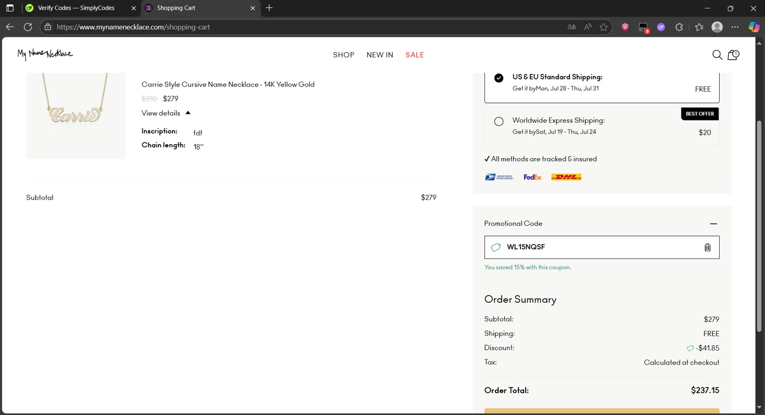 My Name Necklace promo code screenshot showing code WL15NQSF applied at My Name Necklace checkout page. Uploaded by SimplyCodes community member PedriGonzalez on Jun 22, 2025