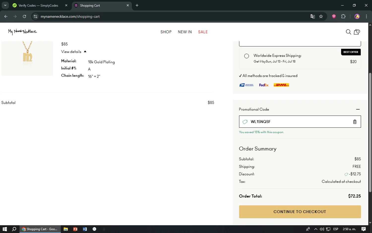 My Name Necklace promo code screenshot showing code WL15NQSF applied at My Name Necklace checkout page. Uploaded by SimplyCodes community member TreasureShopper9156 on Jun 29, 2025