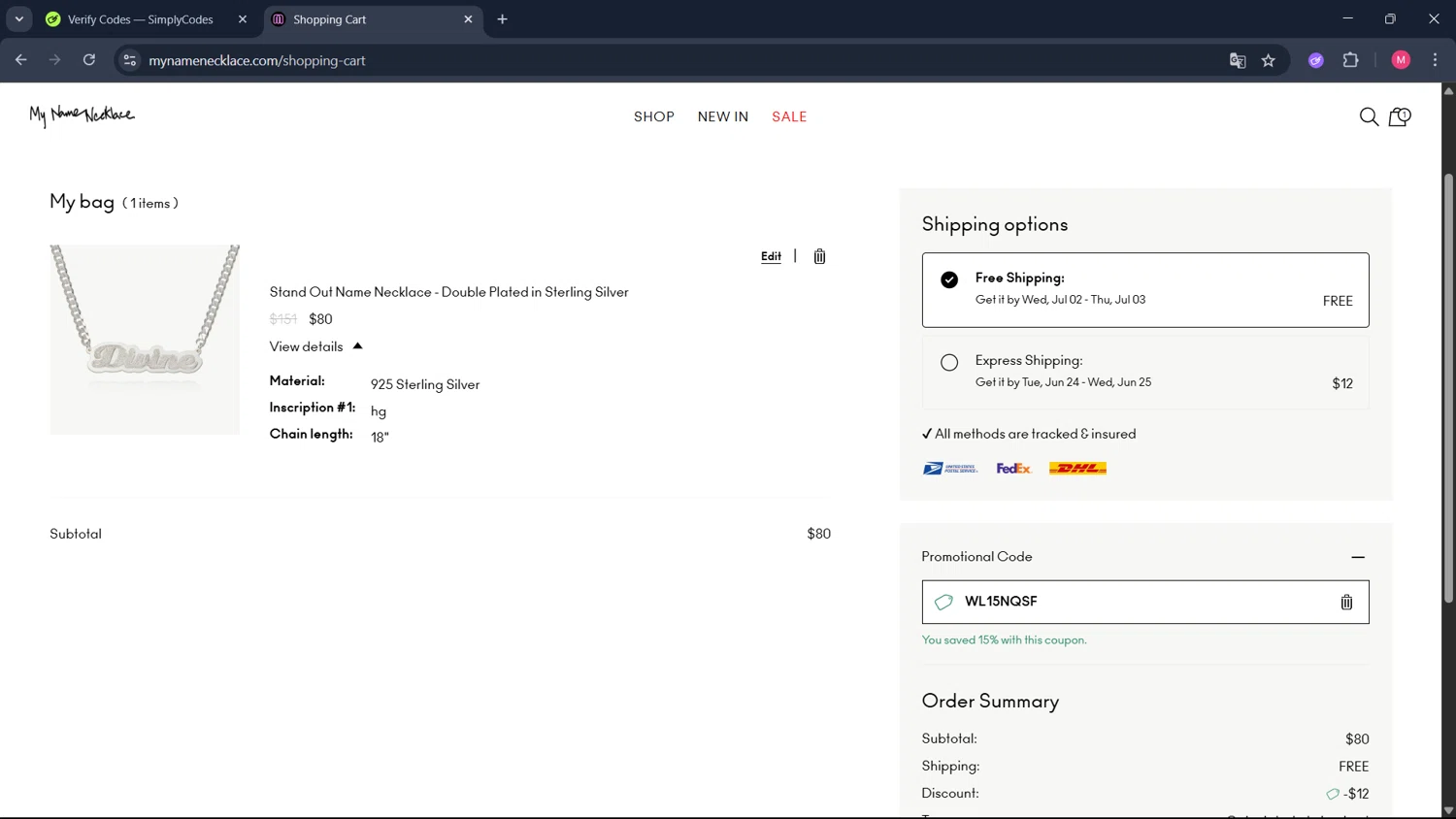 My Name Necklace promo code screenshot showing code WL15NQSF applied at My Name Necklace checkout page. Uploaded by SimplyCodes community member ValueCollector4159 on Jun 15, 2025