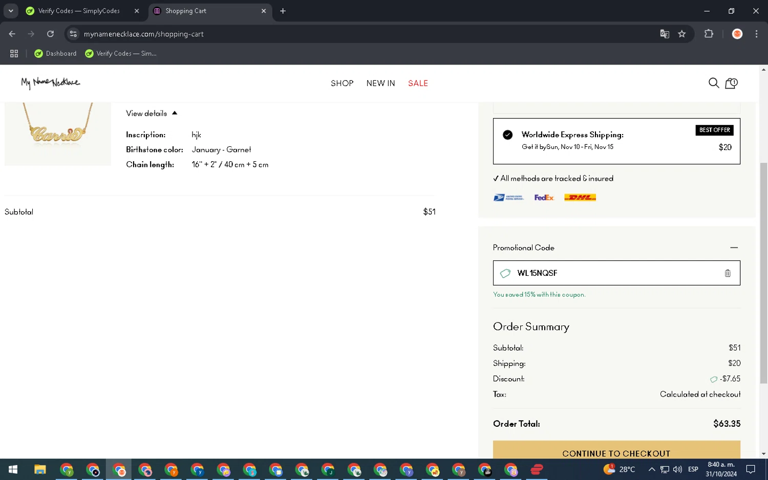 My Name Necklace checkout page showing My Name Necklace promo code box | Screenshot taken by SimplyCodes community member on Oct 31, 2024