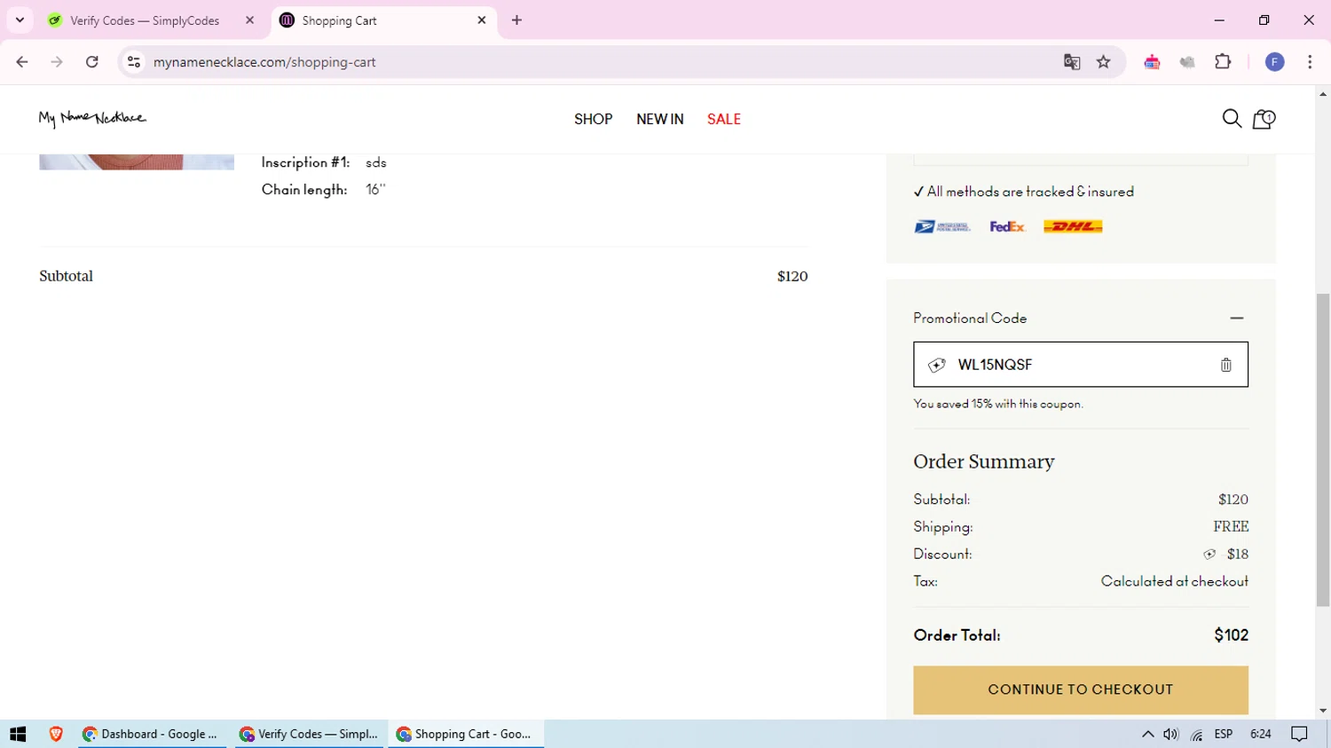 My Name Necklace checkout page showing My Name Necklace promo code box | Screenshot taken by SimplyCodes community member on Aug 5, 2024