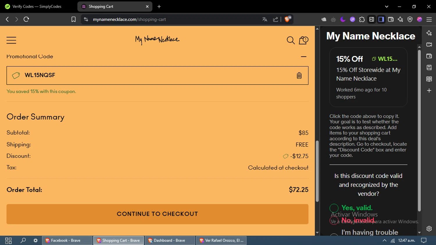 My Name Necklace checkout page showing My Name Necklace promo code box | Screenshot taken by SimplyCodes community member on May 11, 2025