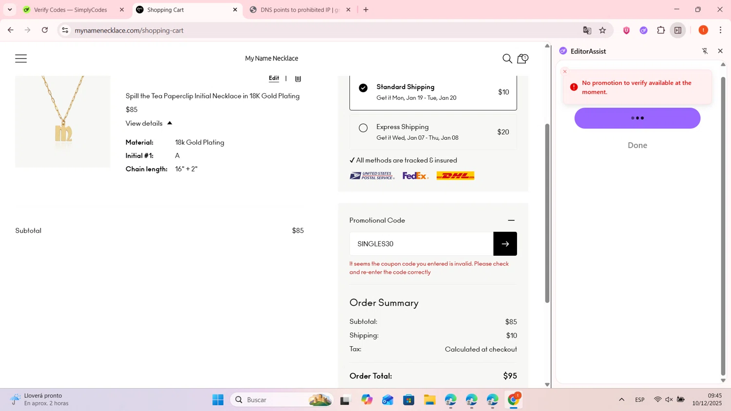 My Name Necklace promo code screenshot showing code SINGLES30 applied at My Name Necklace checkout page. Uploaded by SimplyCodes community member MightyMaestro2589 on Dec 10, 2025