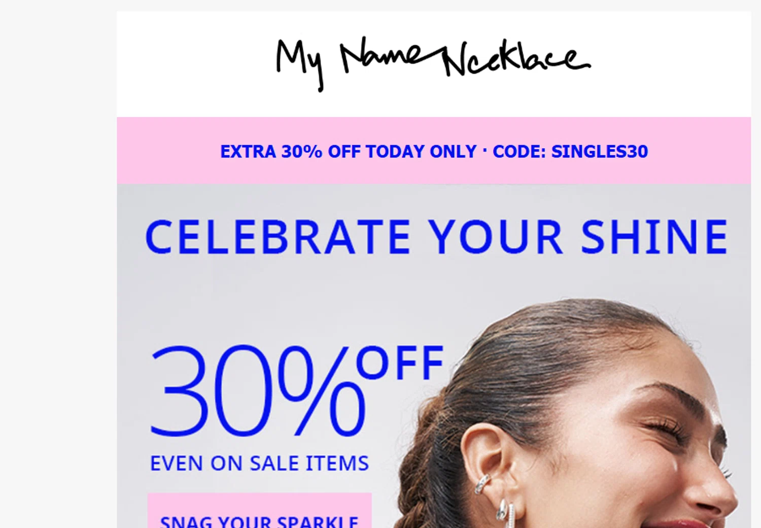 My Name Necklace promo code screenshot showing code SINGLES30 applied at My Name Necklace checkout page. Uploaded by SimplyCodes community member jesspea on Nov 11, 2025