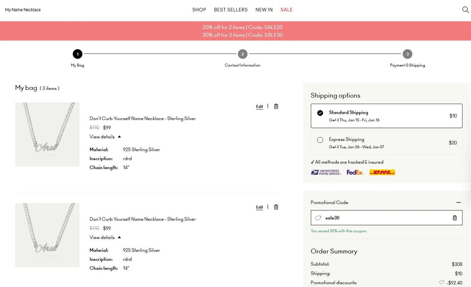 My Name Necklace promo code screenshot showing code sale30 applied at My Name Necklace checkout page. Uploaded by SimplyCodes community member stygian1 on Dec 12, 2025