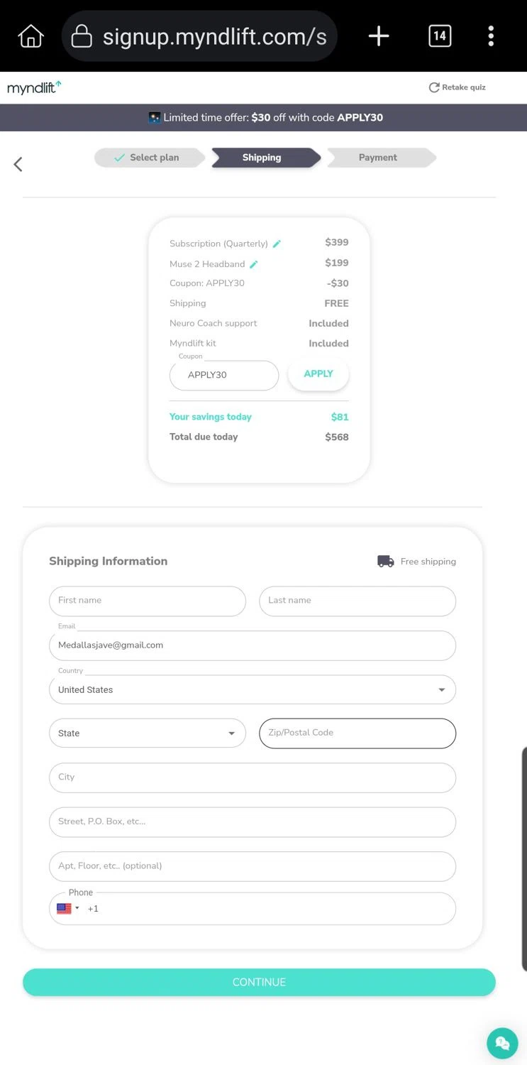 Myndlift promo code screenshot showing code APPLY30 applied at Myndlift checkout page. Uploaded by SimplyCodes community member Carloslvz on Jul 3, 2025