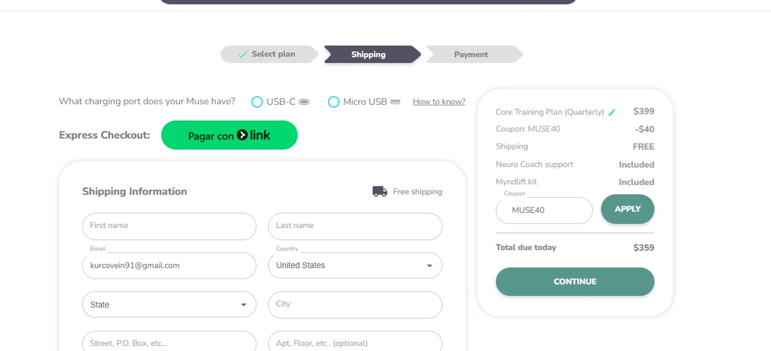 Myndlift promo code screenshot showing code MUSE40 applied at Myndlift checkout page. Uploaded by SimplyCodes community member Billyyou on Feb 4, 2026