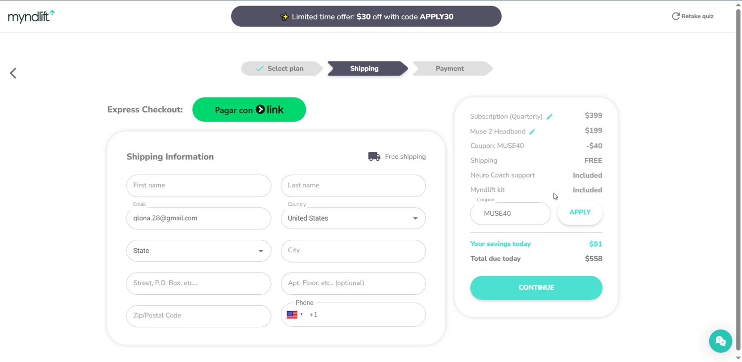 Myndlift promo code screenshot showing code MUSE40 applied at Myndlift checkout page. Uploaded by SimplyCodes community member DonutPunks on Jul 19, 2025