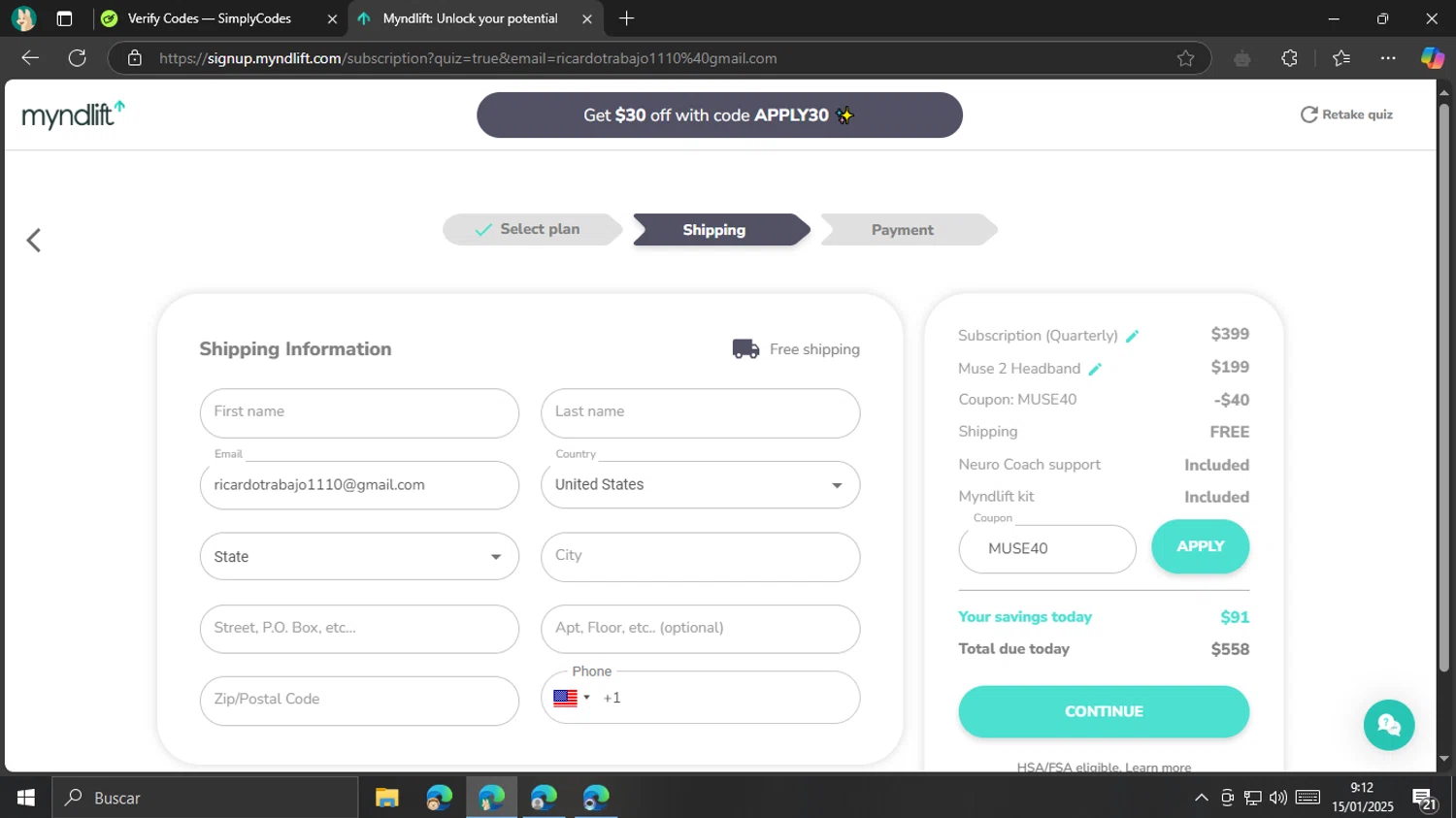 Myndlift promo code screenshot showing code MUSE40 applied at Myndlift checkout page. Uploaded by SimplyCodes community member CouponCurator5931 on Jan 15, 2025