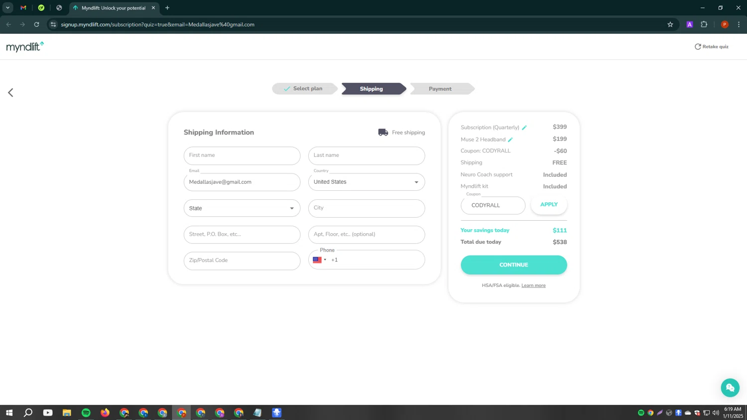 Myndlift promo code screenshot showing code CODYRALL applied at Myndlift checkout page. Uploaded by SimplyCodes community member Isabelle_adjanichamber on Jan 11, 2025
