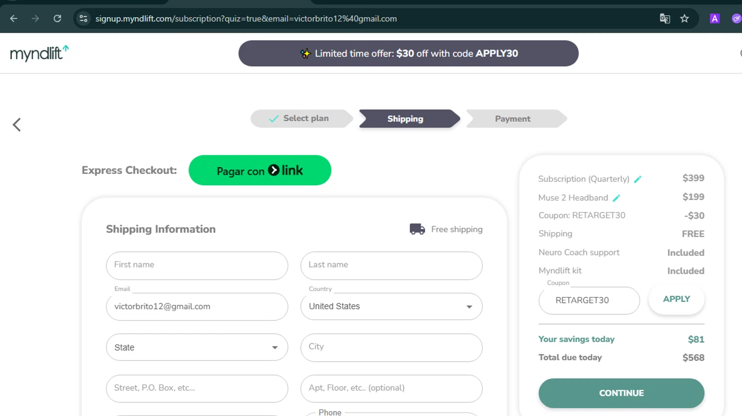 Myndlift promo code screenshot showing code RETARGET30 applied at Myndlift checkout page. Uploaded by SimplyCodes community member SmartMaestro6853 on Sep 11, 2025