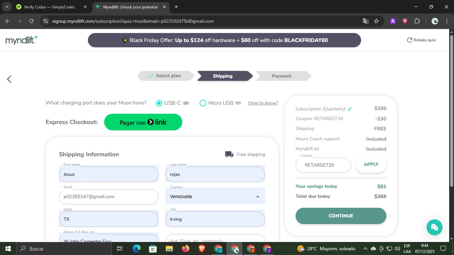 Myndlift promo code screenshot showing code RETARGET30 applied at Myndlift checkout page. Uploaded by SimplyCodes community member underwater on Dec 7, 2025