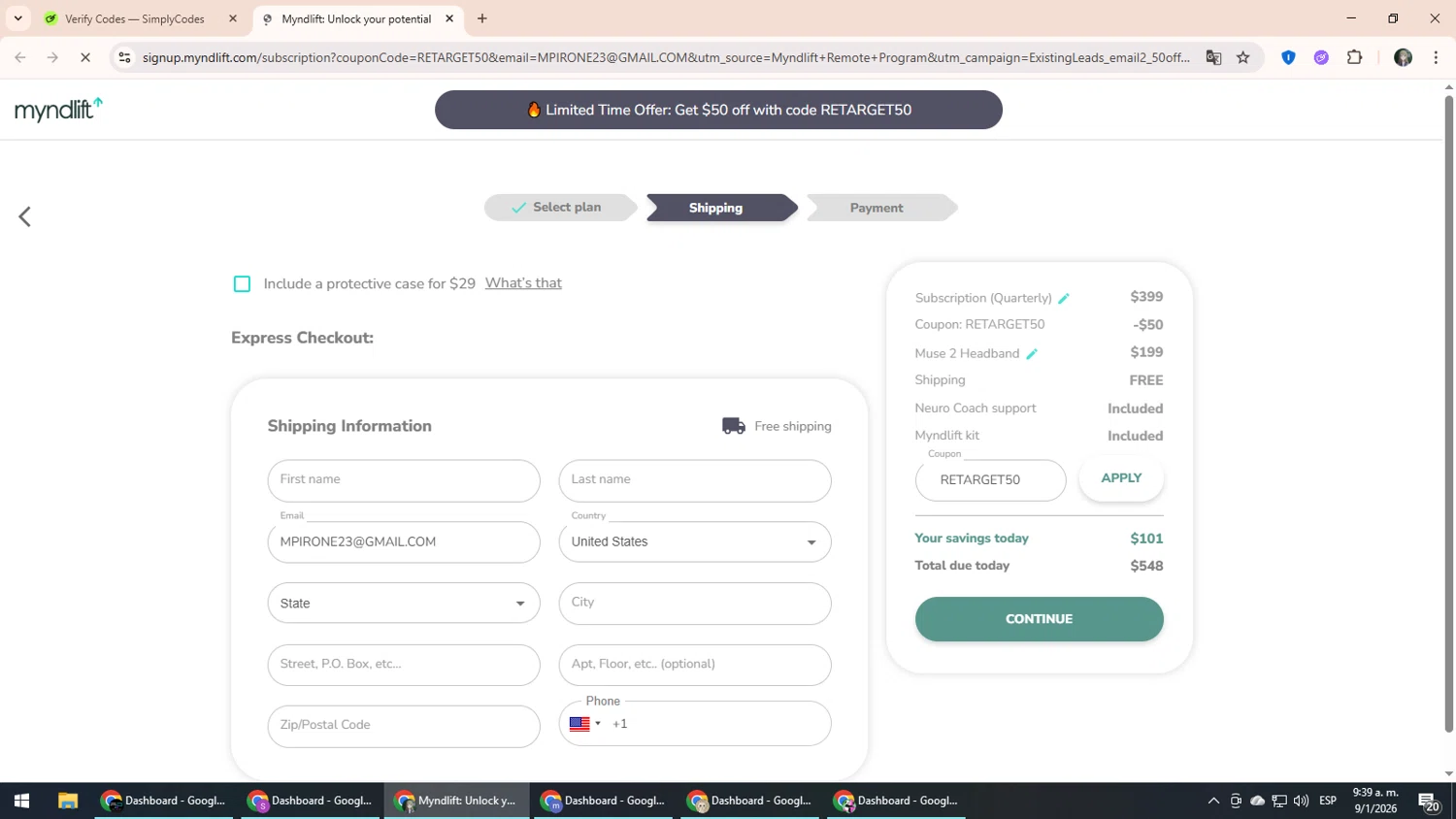 Myndlift checkout page showing Myndlift promo code box | Screenshot taken by SimplyCodes community member on Jan 9, 2026