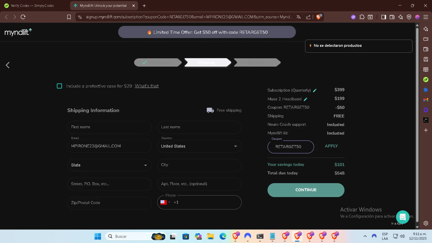 Myndlift promo code screenshot showing code RETARGET50 applied at Myndlift checkout page. Uploaded by SimplyCodes community member DiscountExpert556 on Nov 12, 2025