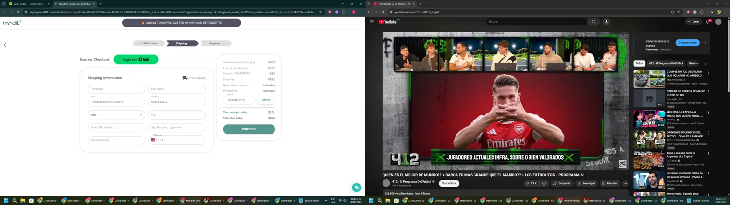 Myndlift promo code screenshot showing code RETARGET50 applied at Myndlift checkout page. Uploaded by SimplyCodes community member ExtraordinaryVirtuoso281 on Oct 14, 2025