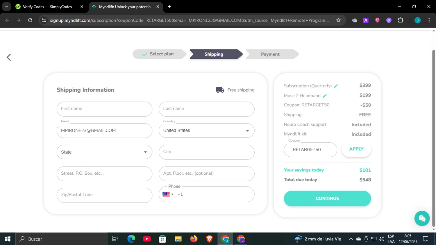 Myndlift promo code screenshot showing code RETARGET50 applied at Myndlift checkout page. Uploaded by SimplyCodes community member WonderCaptain6926 on Jun 12, 2025