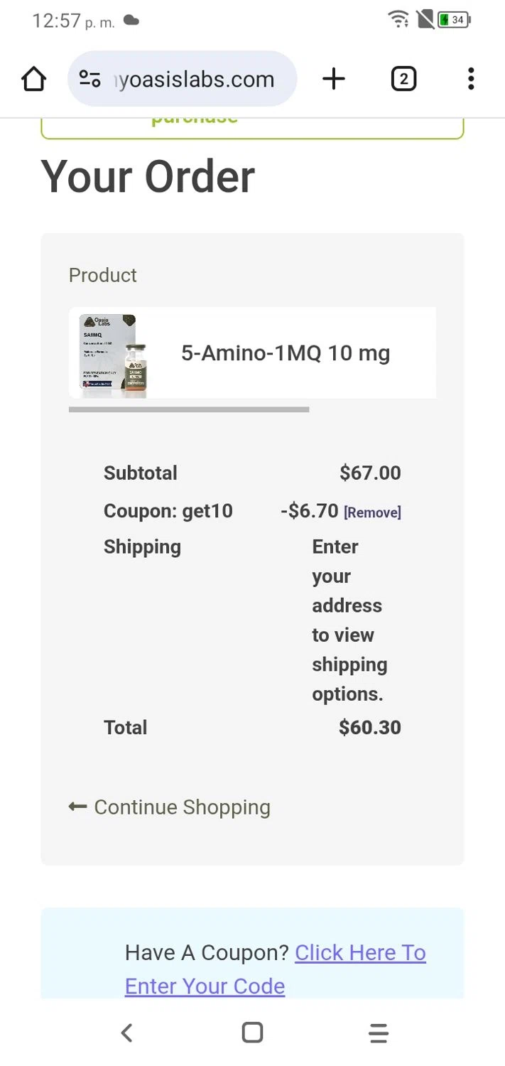 My Oasis Labs promo code screenshot showing code get10 applied at My Oasis Labs checkout page. Uploaded by SimplyCodes community member RoyalSpotter5217 on Oct 26, 2025