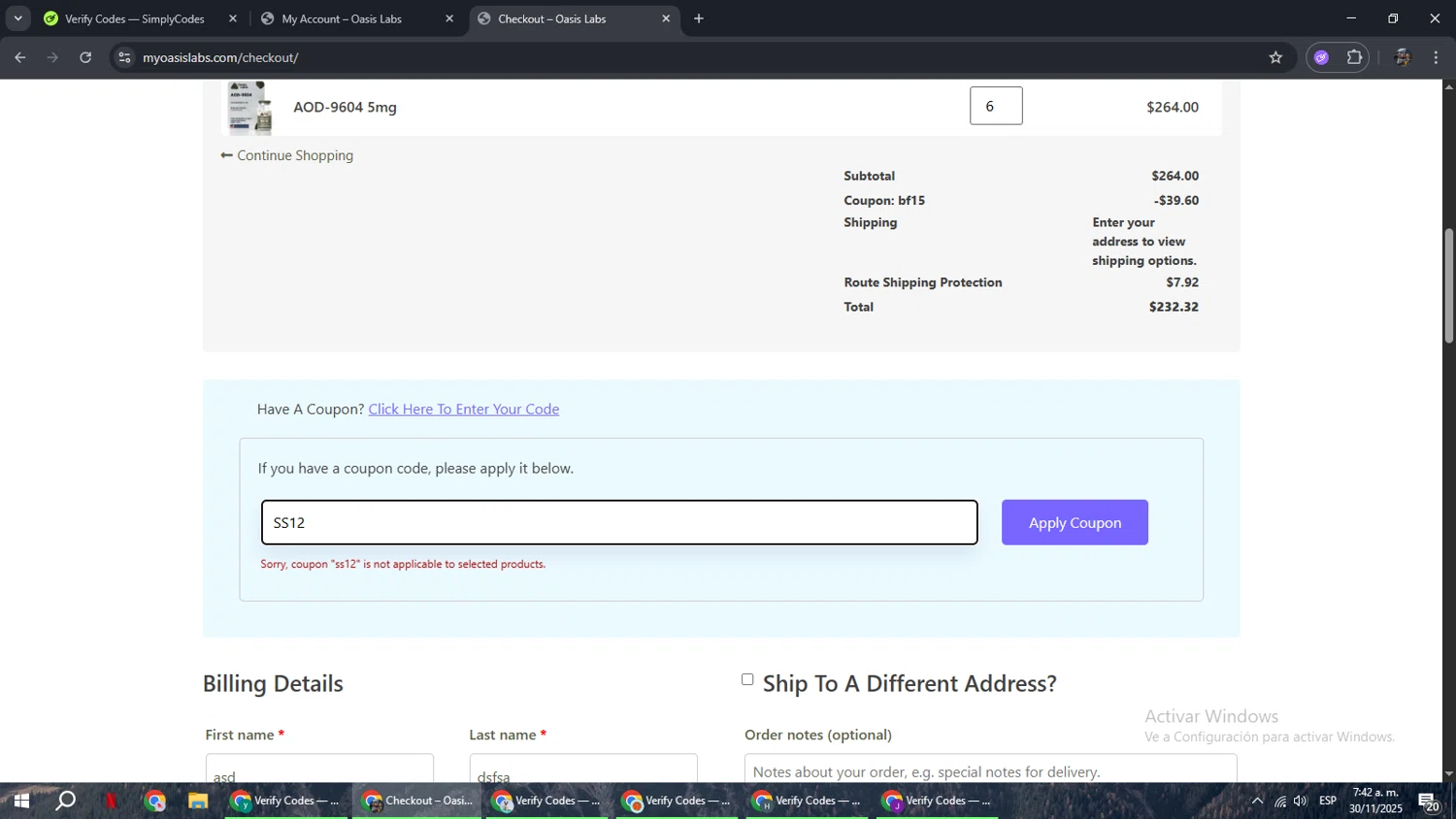 My Oasis Labs promo code screenshot showing code SS12 applied at My Oasis Labs checkout page. Uploaded by SimplyCodes community member xxdddd on Nov 30, 2025