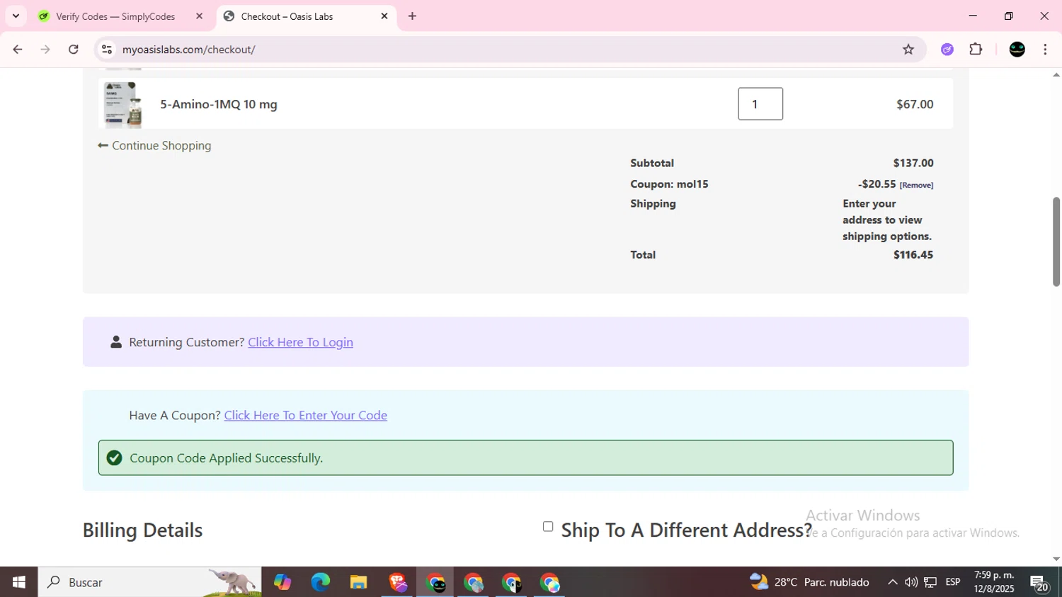 My Oasis Labs promo code screenshot showing code MOL15 applied at My Oasis Labs checkout page. Uploaded by SimplyCodes community member BargainWizard5755 on Aug 12, 2025