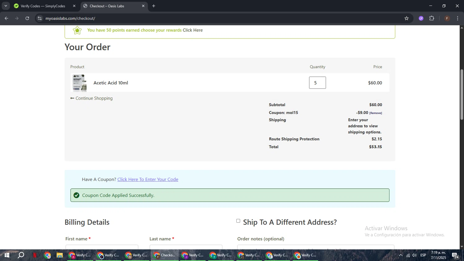 My Oasis Labs promo code screenshot showing code MOL15 applied at My Oasis Labs checkout page. Uploaded by SimplyCodes community member ExtraordinaryHunter3076 on Nov 7, 2025
