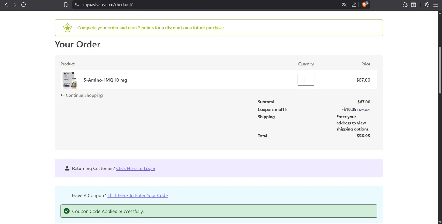 My Oasis Labs promo code screenshot showing code MOL15 applied at My Oasis Labs checkout page. Uploaded by SimplyCodes community member juanvargas1 on Aug 12, 2025