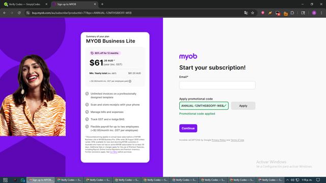 MYOB AU checkout page showing MYOB AU promo code box | Screenshot taken by SimplyCodes community member on Jul 23, 2025