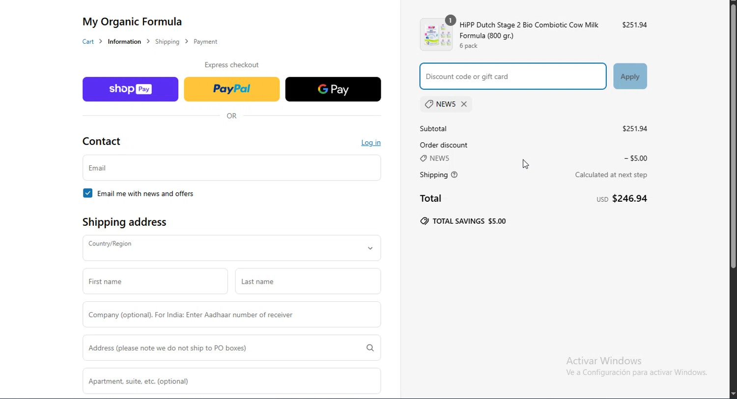 My Organic Formula discount code screenshot showing code NEW5 applied at My Organic Formula checkout page. Uploaded by SimplyCodes community member Puta_madre10 on Apr 15, 2025