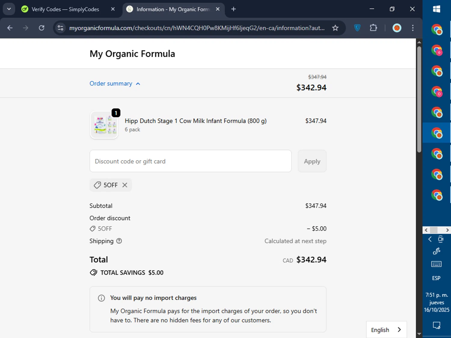 My Organic Formula discount code screenshot showing code 5Off applied at My Organic Formula checkout page. Uploaded by SimplyCodes community member GoldPilot5958 on Oct 16, 2025