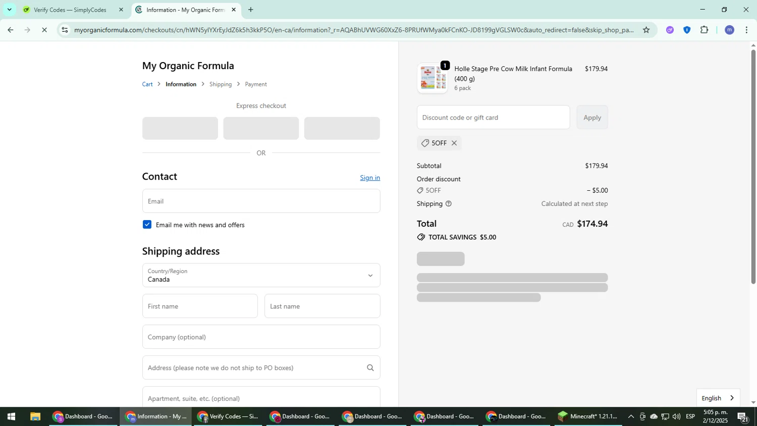 My Organic Formula discount code screenshot showing code 5Off applied at My Organic Formula checkout page. Uploaded by SimplyCodes community member QuestDefender2661 on Dec 2, 2025