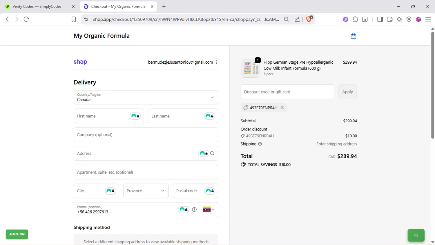 My Organic Formula discount code screenshot showing code 493E79FNPR4H applied at My Organic Formula checkout page. Uploaded by SimplyCodes community member SapeGato on Oct 25, 2025