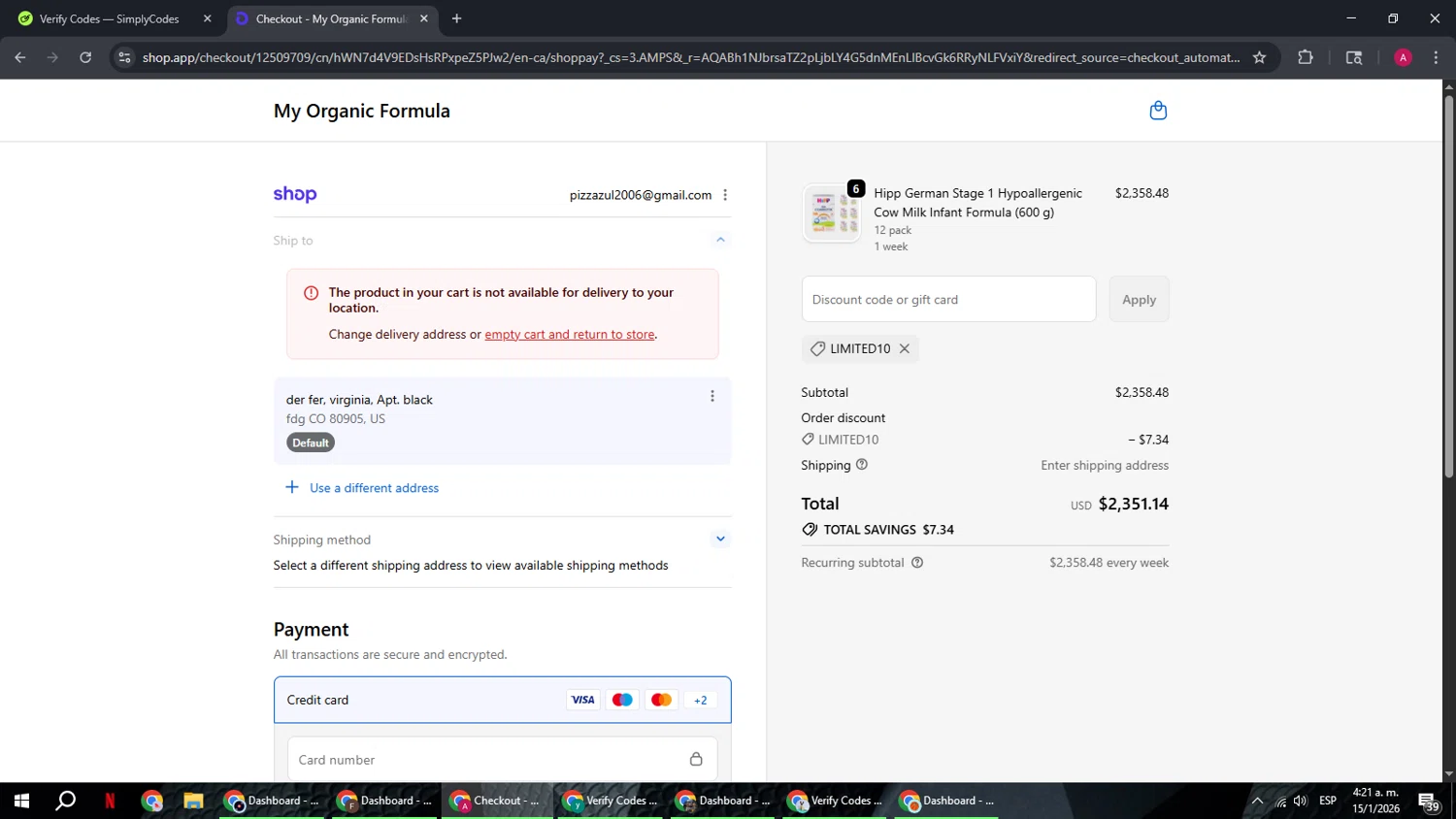 My Organic Formula discount code screenshot showing code LIMITED10 applied at My Organic Formula checkout page. Uploaded by SimplyCodes community member BMWGS1200 on Jan 15, 2026