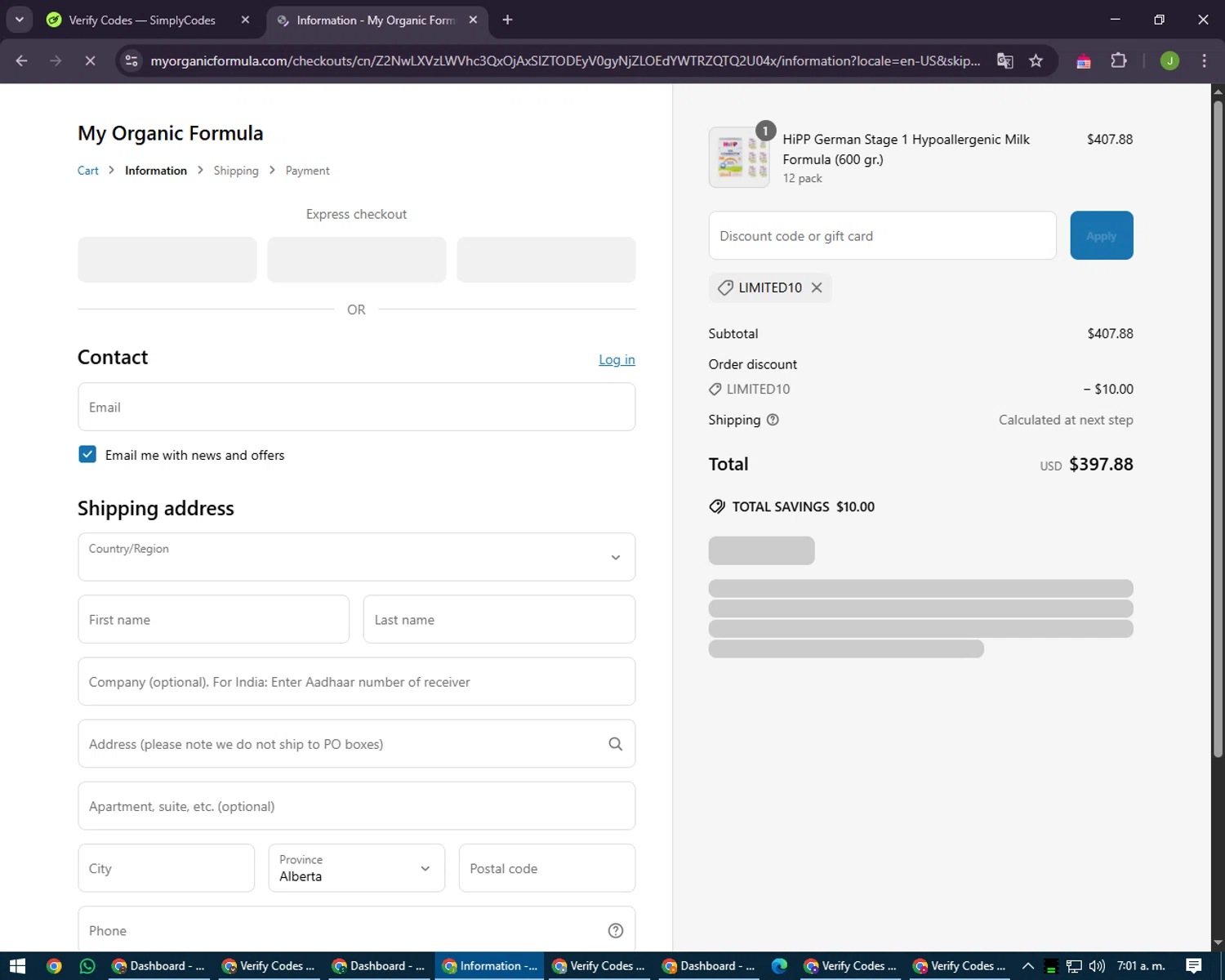 My Organic Formula discount code screenshot showing code LIMITED10 applied at My Organic Formula checkout page. Uploaded by SimplyCodes community member LilBaby on May 21, 2025