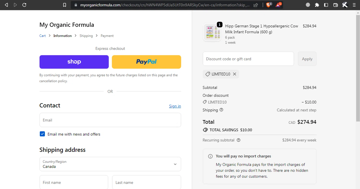 My Organic Formula discount code screenshot showing code LIMITED10 applied at My Organic Formula checkout page. Uploaded by SimplyCodes community member l2994552451687 on Oct 25, 2025