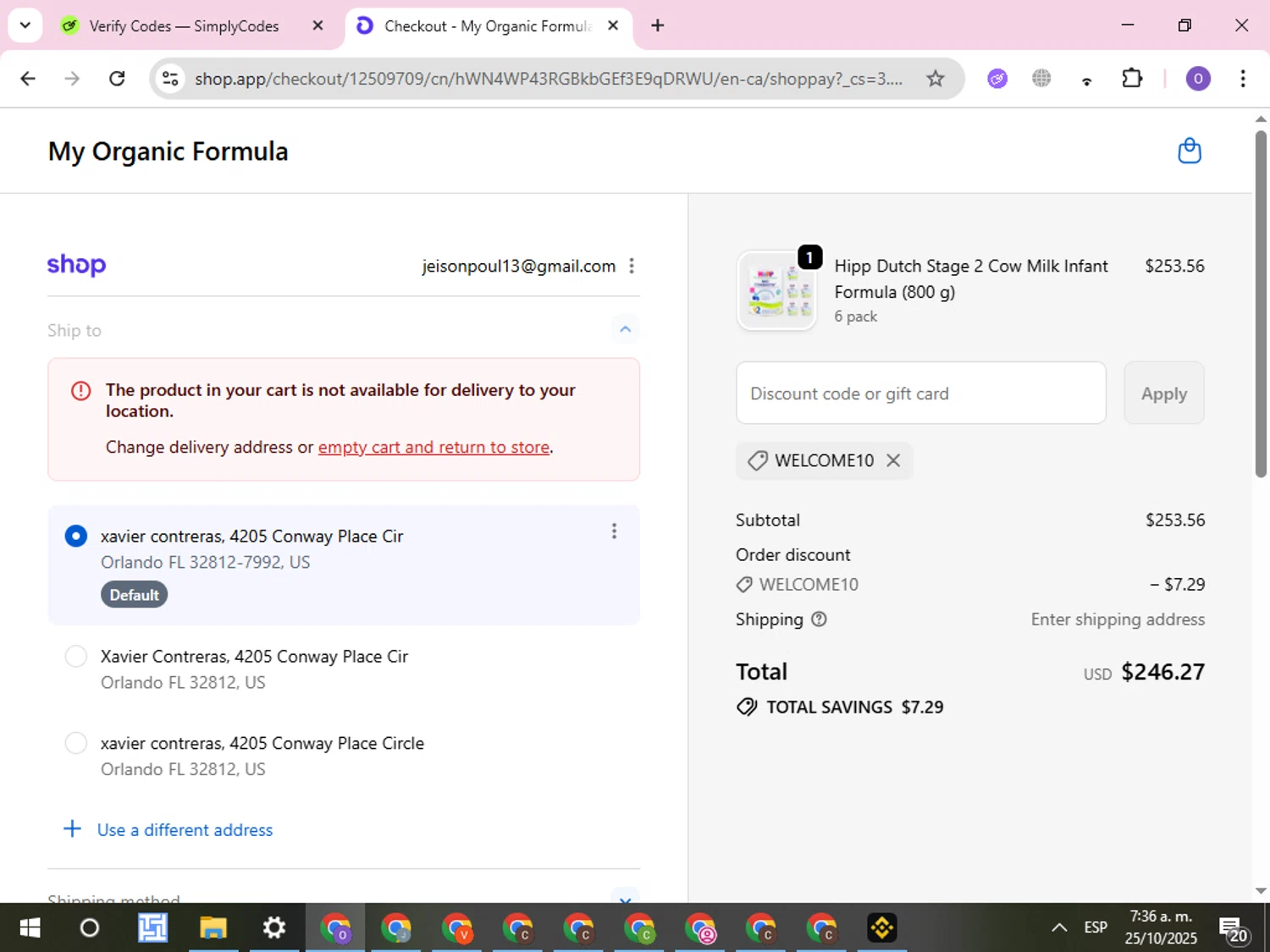 My Organic Formula discount code screenshot showing code WELCOME10 applied at My Organic Formula checkout page. Uploaded by SimplyCodes community member CleverLynx8245 on Oct 25, 2025
