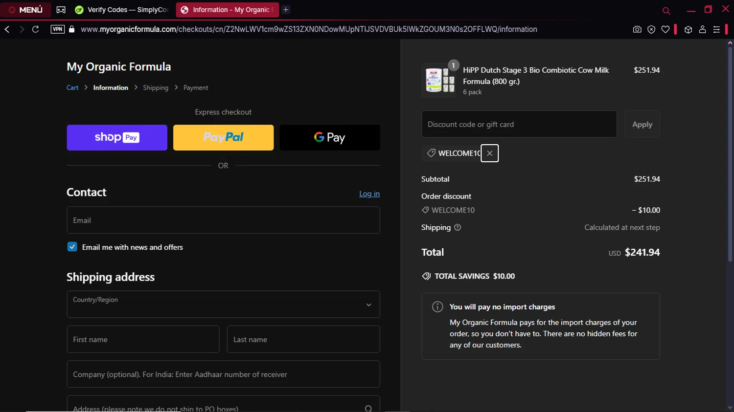 My Organic Formula discount code screenshot showing code WELCOME10 applied at My Organic Formula checkout page. Uploaded by SimplyCodes community member GoldPro6514 on Feb 22, 2025