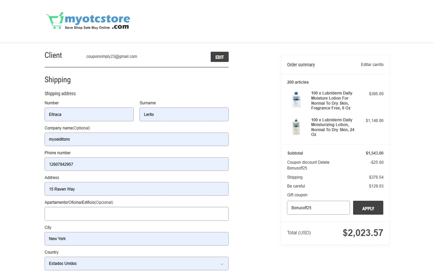 Myotcstore.com coupon code screenshot showing code Bonusoff25 applied at Myotcstore.com checkout page. Uploaded by SimplyCodes community member JesusCaballero on Jun 26, 2025