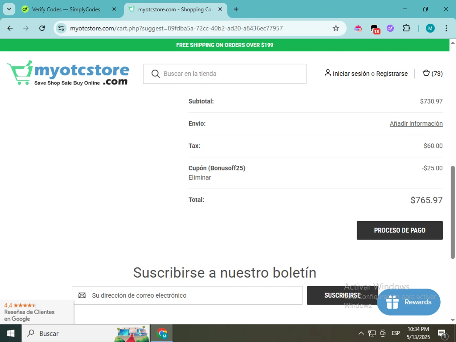 Myotcstore.com checkout page showing Myotcstore.com coupon code box | Screenshot taken by SimplyCodes community member on May 14, 2025