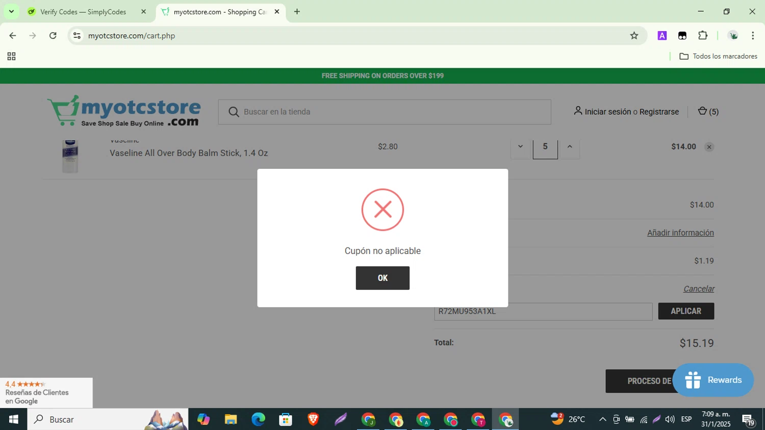 Myotcstore.com coupon code screenshot showing code R72MU953A1XL applied at Myotcstore.com checkout page. Uploaded by SimplyCodes community member ShrewdSaver8478 on Jan 31, 2025