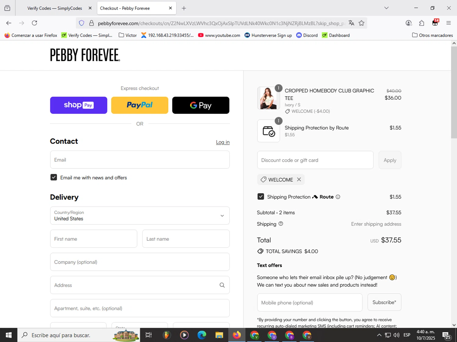 My Pebby Forevee promo code screenshot showing code WELCOME applied at My Pebby Forevee checkout page. Uploaded by SimplyCodes community member Garou_Y2K on Jul 10, 2025
