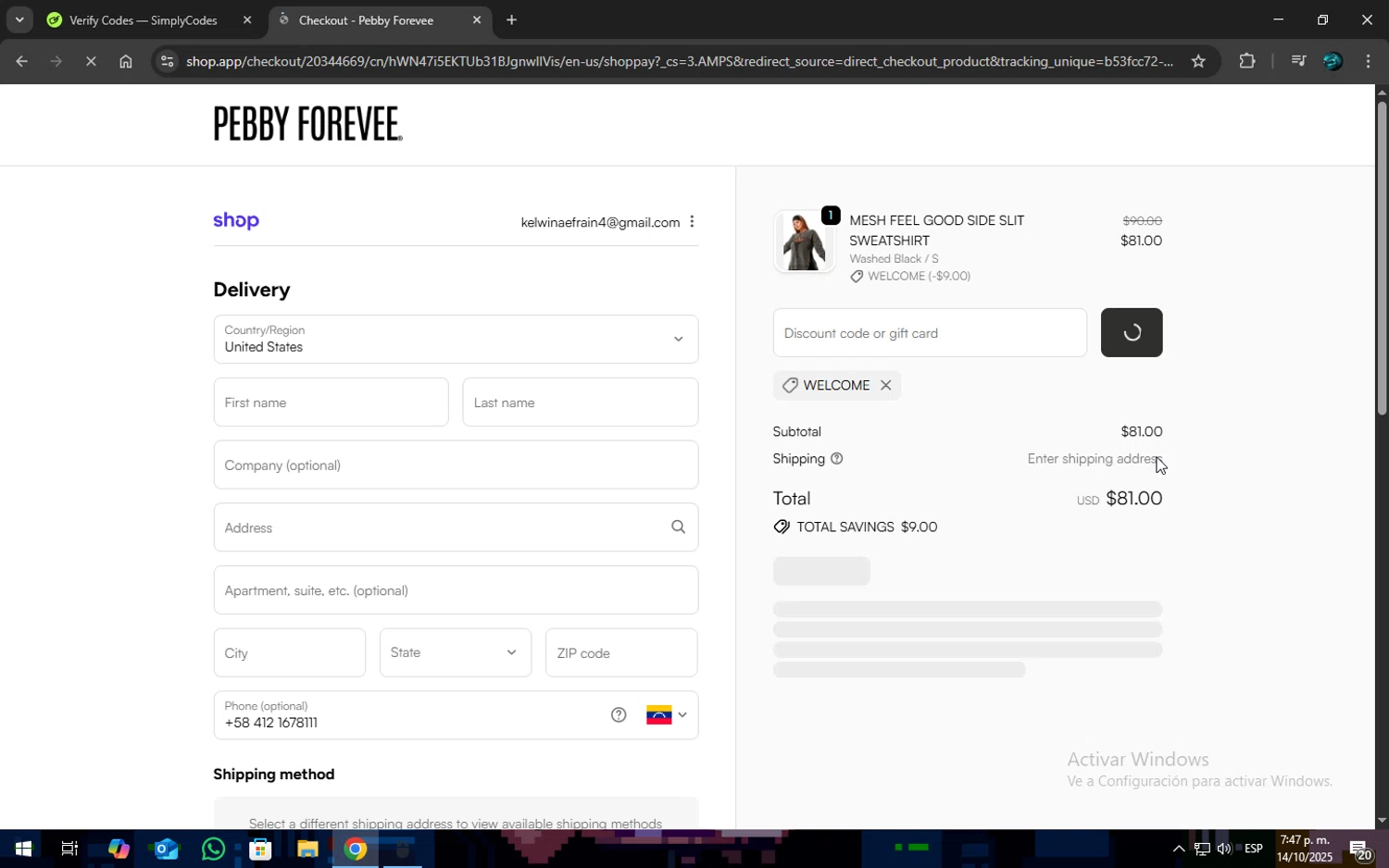 My Pebby Forevee promo code screenshot showing code WELCOME applied at My Pebby Forevee checkout page. Uploaded by SimplyCodes community member SOPACONPAN on Oct 14, 2025