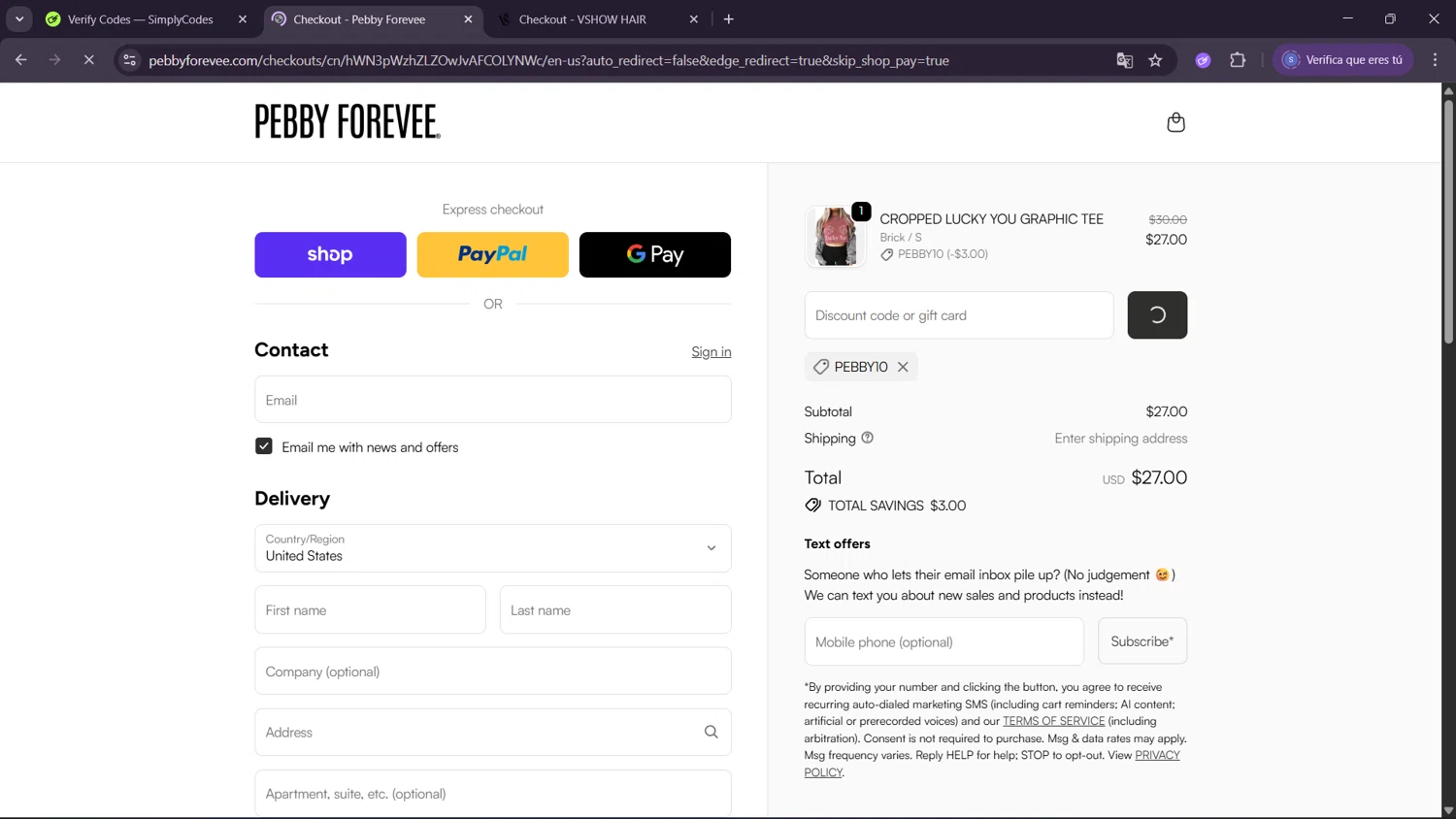 My Pebby Forevee promo code screenshot showing code PEBBY10 applied at My Pebby Forevee checkout page. Uploaded by SimplyCodes community member ExtraordinaryWhiz4519 on Oct 7, 2025
