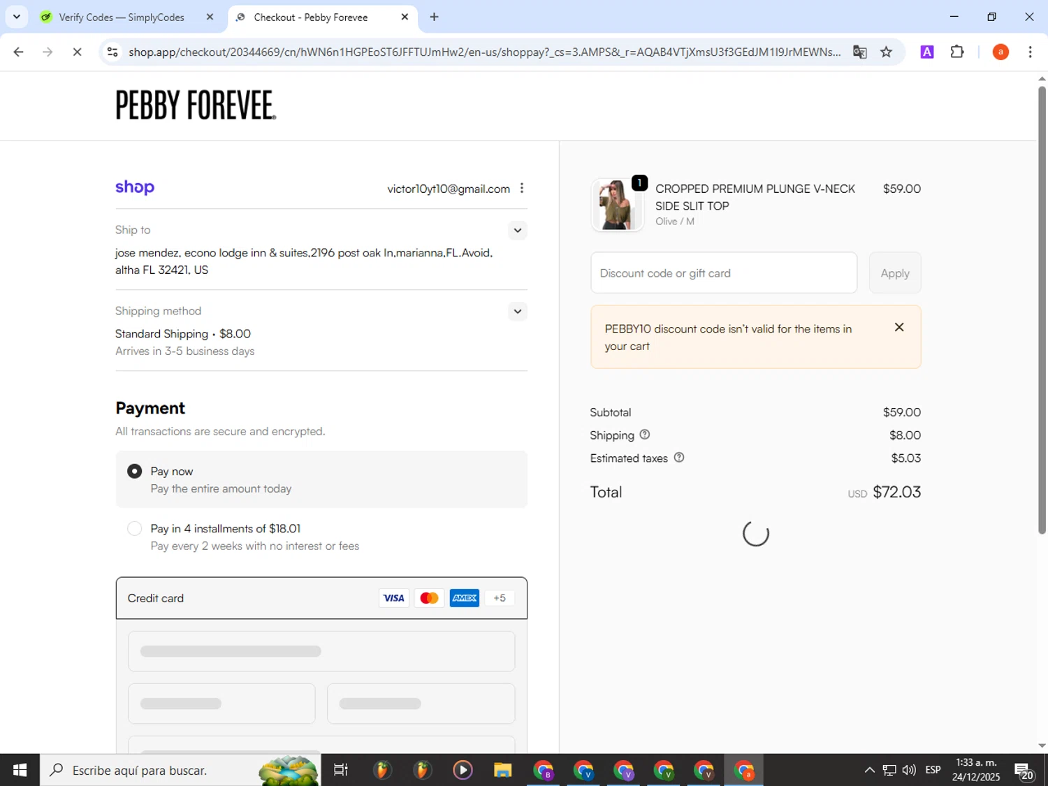 My Pebby Forevee promo code screenshot showing code PEBBY10 applied at My Pebby Forevee checkout page. Uploaded by SimplyCodes community member partenalgas on Dec 24, 2025