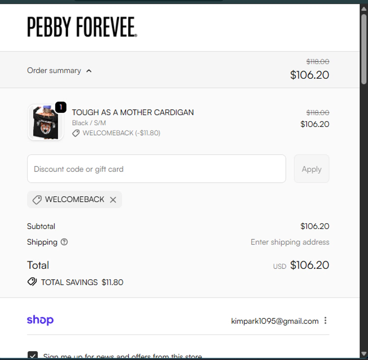 My Pebby Forevee promo code screenshot showing code WELCOMEBACK applied at My Pebby Forevee checkout page. Uploaded by SimplyCodes community member Guacamole_Picante on Nov 14, 2025