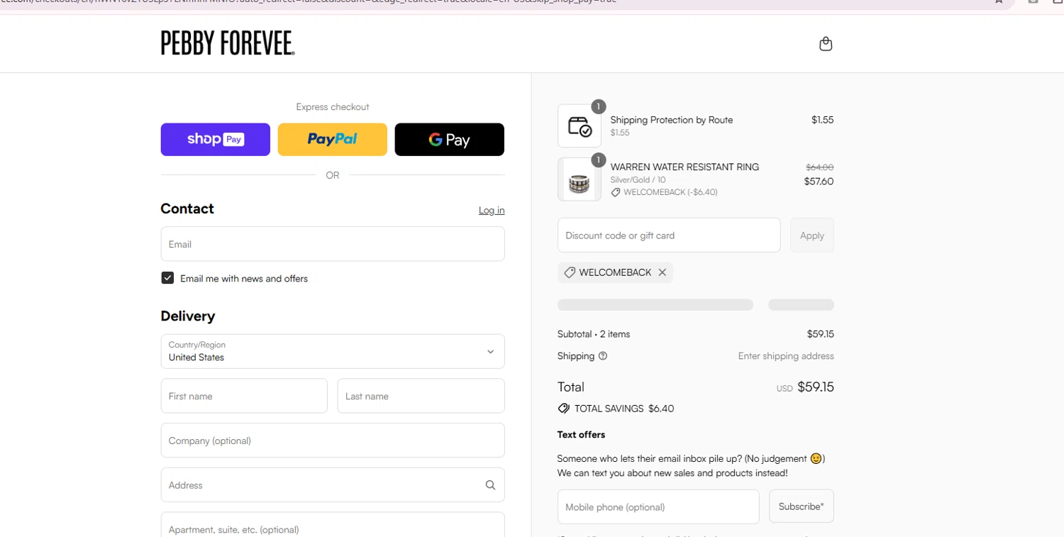 My Pebby Forevee promo code screenshot showing code WELCOMEBACK applied at My Pebby Forevee checkout page. Uploaded by SimplyCodes community member Pili2502 on Jul 27, 2025