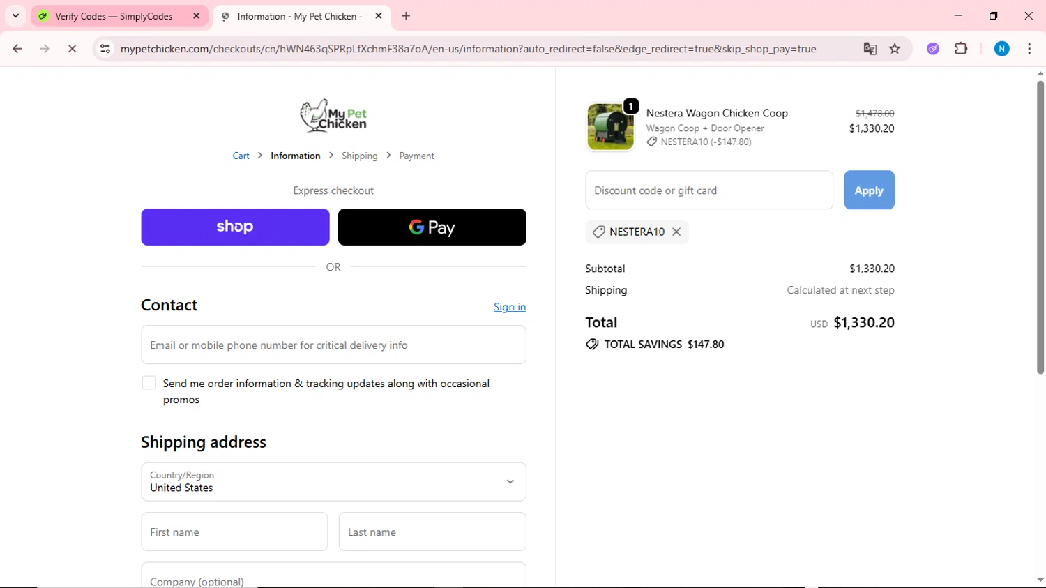 My Pet Chicken discount code screenshot showing code Nestera10 applied at My Pet Chicken checkout page. Uploaded by SimplyCodes community member QuestOwl6398 on Oct 14, 2025