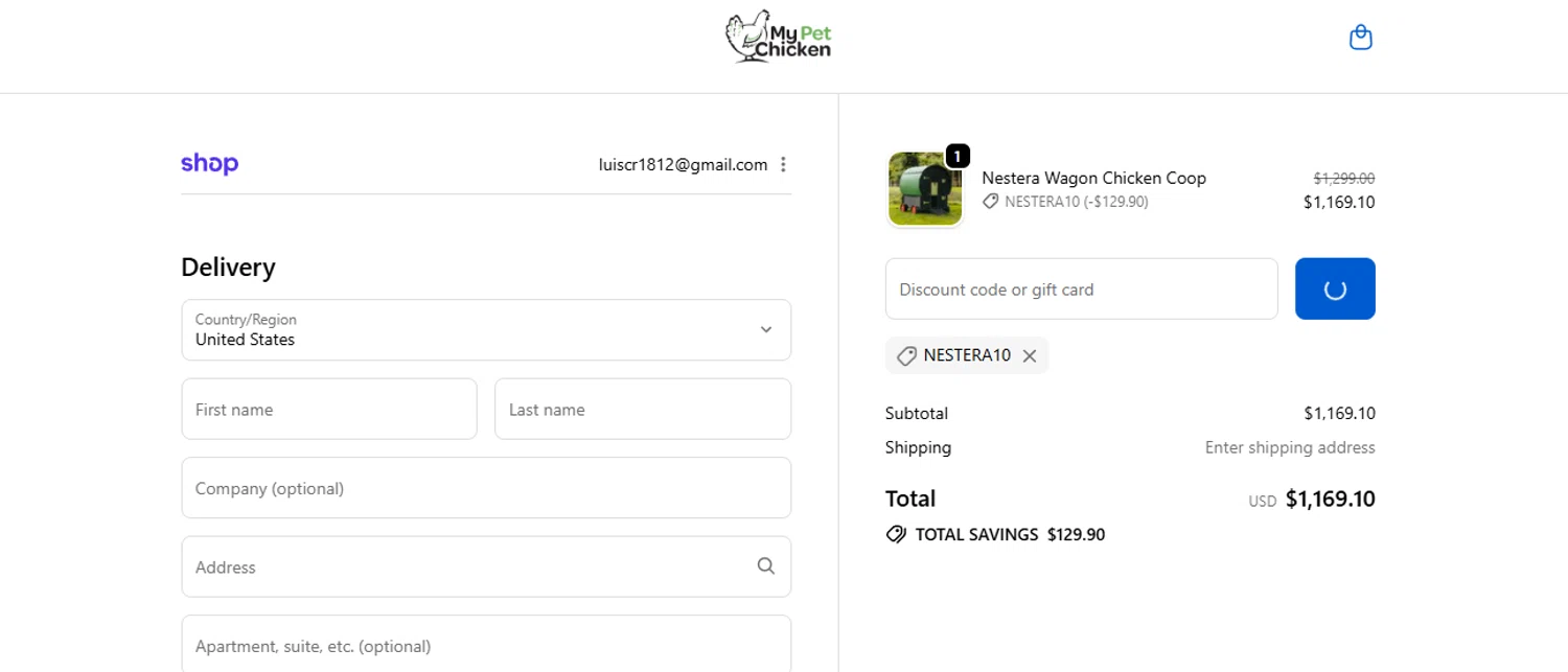 My Pet Chicken discount code screenshot showing code Nestera10 applied at My Pet Chicken checkout page. Uploaded by SimplyCodes community member RoyalHunter7313 on Dec 4, 2025