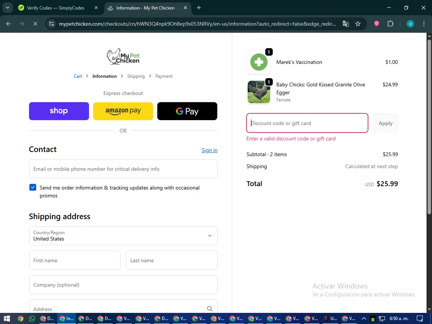 My Pet Chicken discount code screenshot showing code HATCH2025 applied at My Pet Chicken checkout page. Uploaded by SimplyCodes community member CodeMaverick5767 on Sep 26, 2025