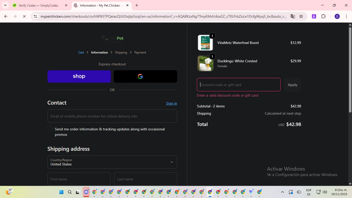 My Pet Chicken discount code screenshot showing code HATCH2026 applied at My Pet Chicken checkout page. Uploaded by SimplyCodes community member WonderLion2890 on Nov 19, 2025